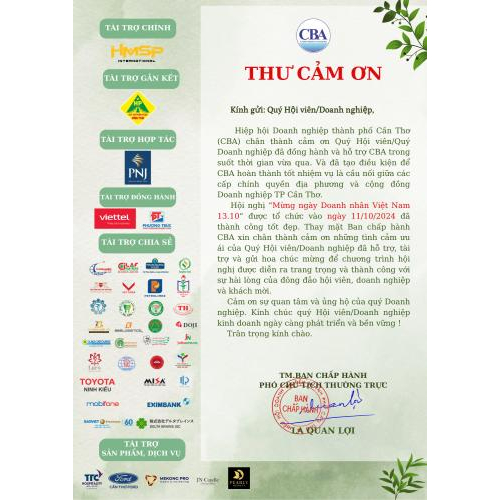 Thư Cảm Ơn & Tri Ân Nhà Tài Trợ Đồng Hành Cùng CBA Cần Thơ